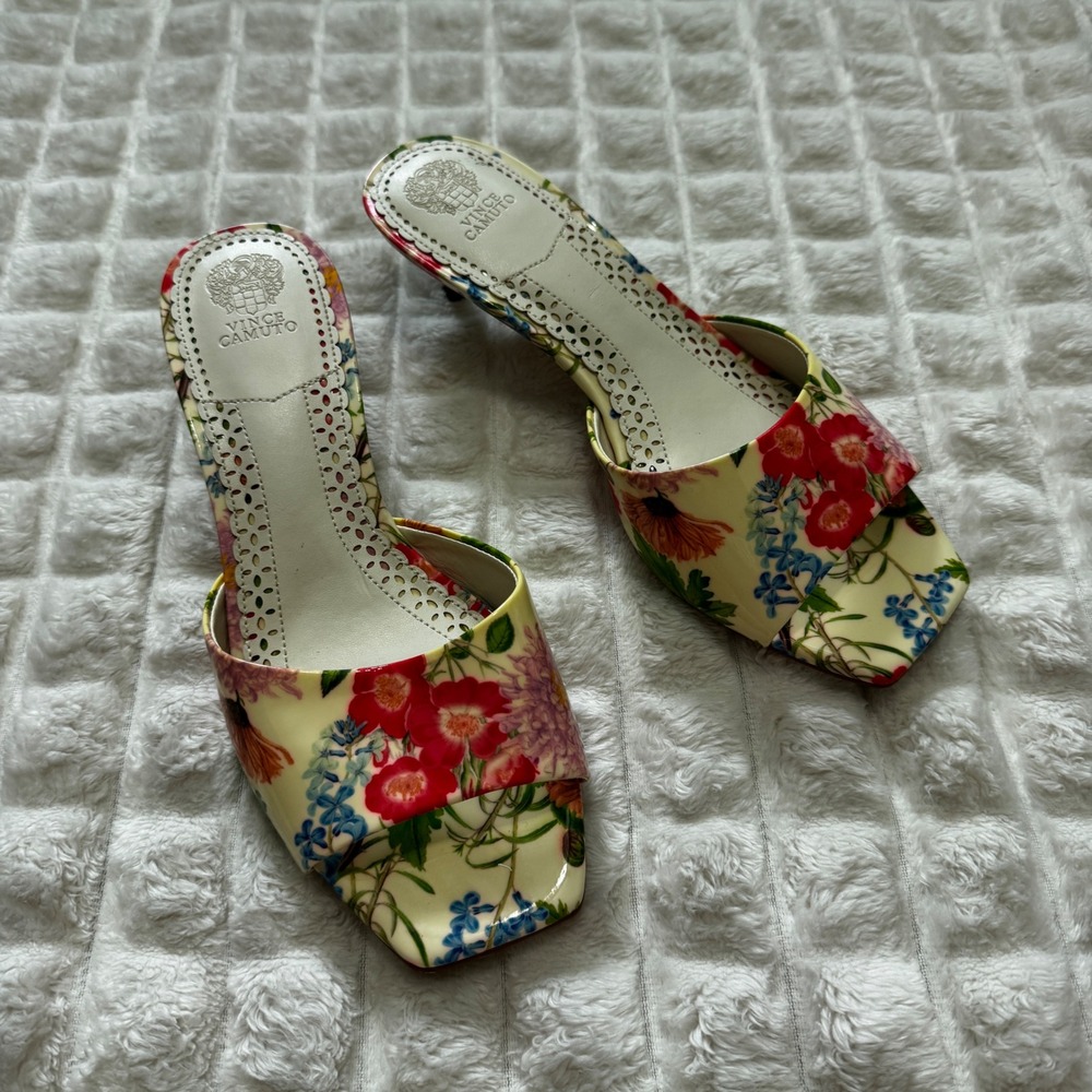 Vince Camuto 7 Faiza Floral Floret Garden Square Toe Kitten Heels Sandals QVC